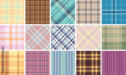 Traditional plaid pattern bundle inspired by classic childrens shirts. Timeless tartan designs suit schoolwear, casual, and festive clothing. Seamless vectors maintain flow.