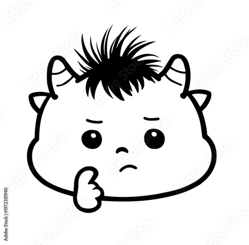 Cute little monster thinking, concept of thinking pose, monologue, monochrome line art