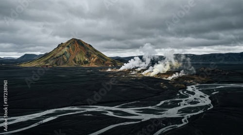 A dramatic landscape of the Icelandic interior highlands, an obsidian black sand plain extending to the horizon broken only by steaming fumarole vents releasing white sulfurous