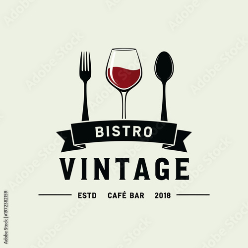 Vintage Bistro logo featuring a fork, spoon, and wine glass with red wine, set against a cream background.