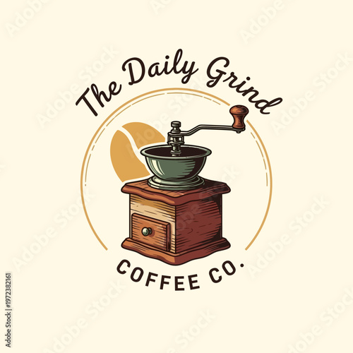Vintage illustration of a classic wooden coffee grinder with a coffee bean and the text "The Daily Grind Coffee Co.".