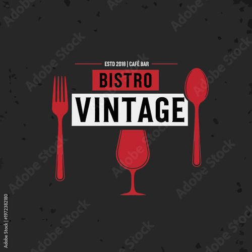 Retro "Bistro Vintage" logo with fork, spoon, and wine glass, set against a textured dark background.