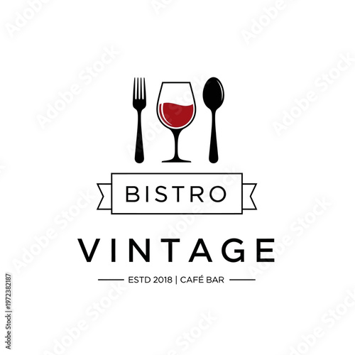 Elegant logo for 'Bistro Vintage' featuring a wine glass, fork, and spoon, with text indicating 'Bistro Vintage ESTD 2018 | Cafe Bar'.