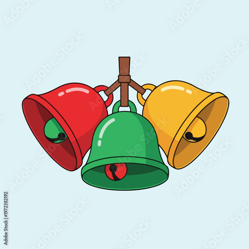Colorful bells on a metal bar.