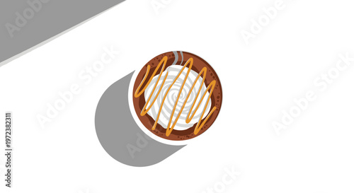Top view of hot chocolate with whipped cream and caramel drizzle