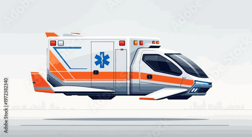 Futuristic flying ambulance with medical symbol against city background