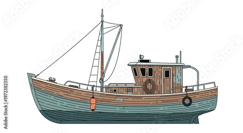 Illustration of a wooden fishing boat with blue hull