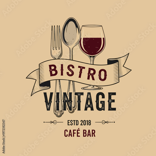 Vintage bistro cafe bar logo with fork, spoon, wine glass, and ribbon.