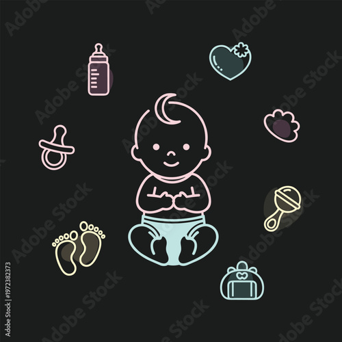 Adorable newborn baby surrounded by a heartwarming collection of essential care items, illustrated with glowing line art on a dark background, symbolizing infancy and early childhood