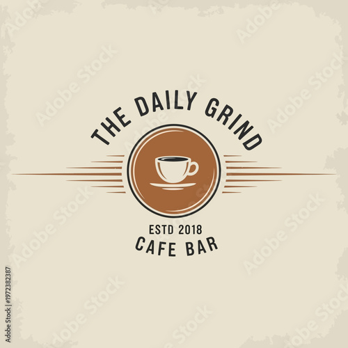 A vintage-style logo for 'The Daily Grind Cafe Bar' established in 2018, featuring a coffee cup illustration within a circular emblem and stylized lines.