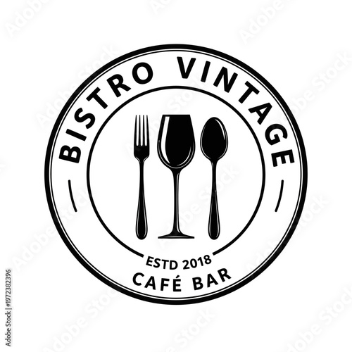 Circular logo for Bistro Vintage Cafe Bar, established in 2018, featuring a wine glass, fork, and spoon.