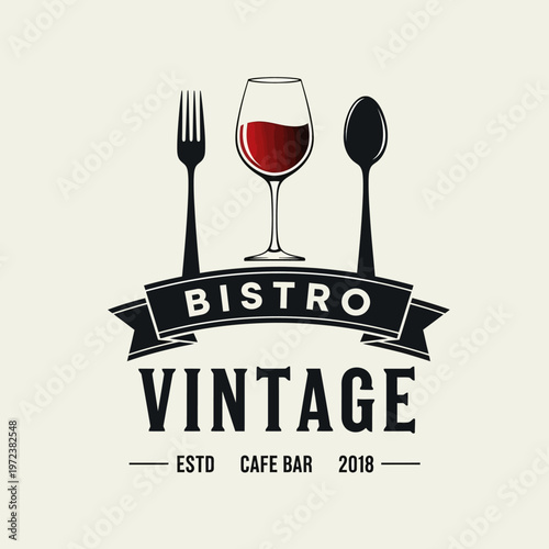 Vintage Bistro Cafe Bar Logo with Fork, Spoon, and Wine Glass.