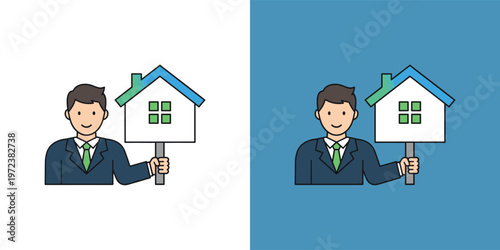 Professional real estate agent holding a house sign, representing property sales, home buying, and expert realty consultation services in a stylized illustration