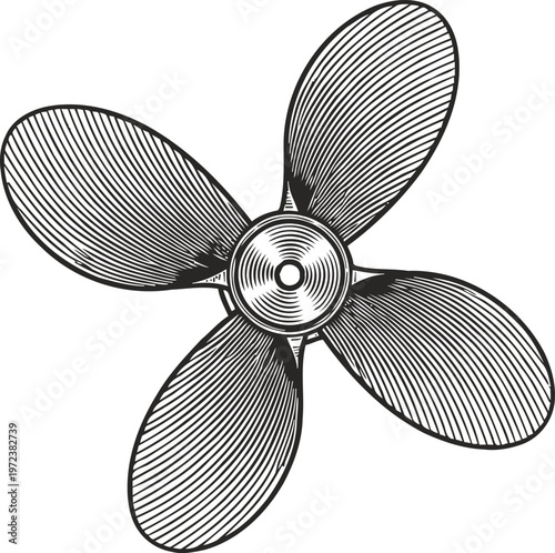 Vintage marine propeller illustration with four curved blades and central hub design
