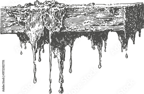 Dripping tar or resin on rough wooden surface, sticky natural substance melting and flowing down
