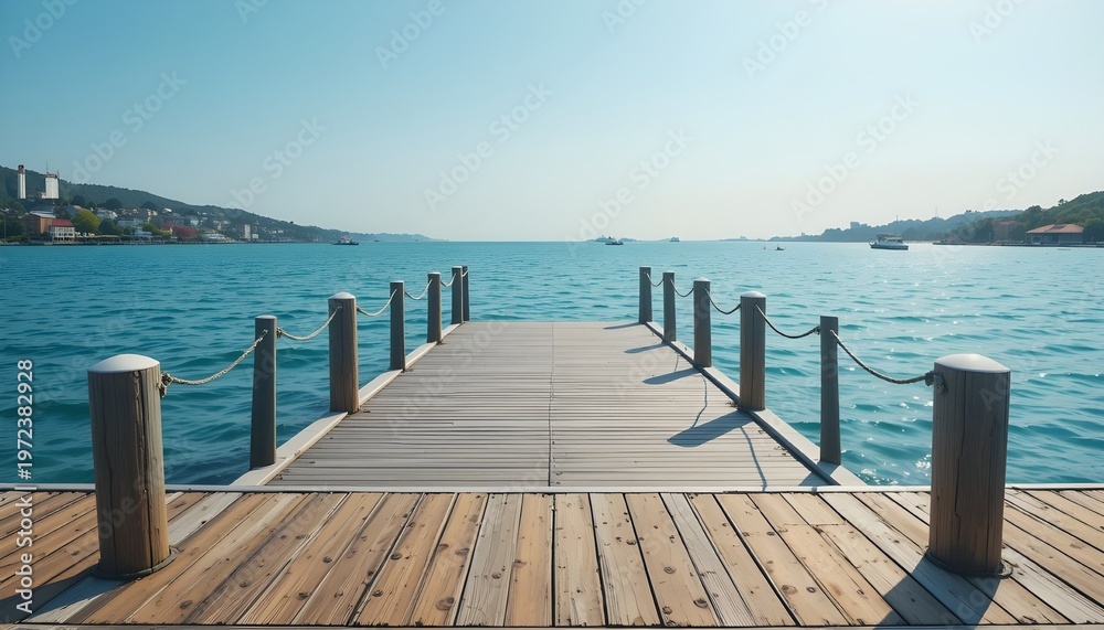 Fototapeta premium Clean modern dock with turquoise water and bright summer light.” 