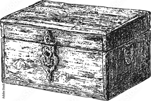 Vintage wooden chest with metal latch and handles, rustic antique storage box illustration