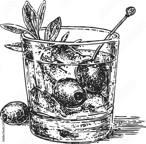 Classic cocktail glass with olives and garnish, vintage hand drawn illustration