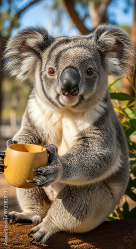 Close-up shot of a koala holding a coffee cup in a natural outdoor setting with warm tones.