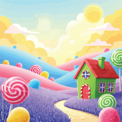 Colorful house with red roof sweets.