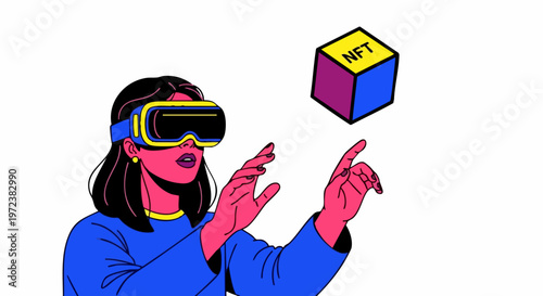 Woman wearing virtual reality goggles interacting with digital cube
