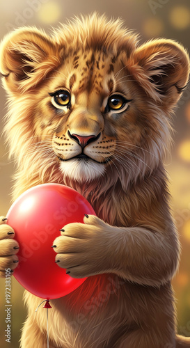 Close-up portrait of a lion cub holding a red balloon with warm, golden tones and a soft focus in a blurred outdoor background.