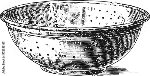 Vintage metal colander illustration kitchen utensil for washing and draining food, rustic cooking equipment engraving