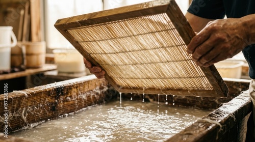 A macro view of a traditional Japanese paper-making vat at the moment of sheet formation, a bamboo screen lifted through the kozo fiber suspension, the translucent fiber web