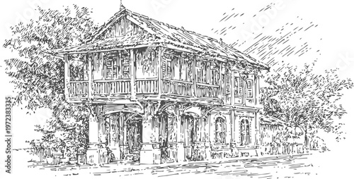 vintage colonial house with wooden pillars and intricate detailing in lush garden landscape