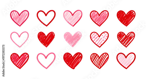set of hearts sketch isolated on white background for romantic design concept, hand drawn heart sketches collection for love and valentine design projects, heart doodle illustration set for creative a