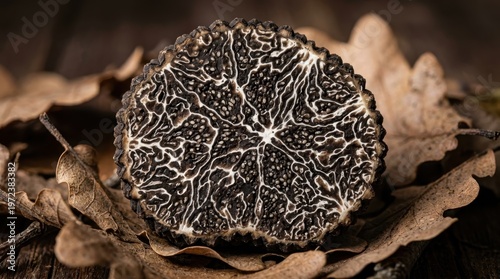 A cross-section macro of a freshly cut black truffle showing the internal gleba network in extreme detail, the white marbling formed by sterile tissue veins threading through the