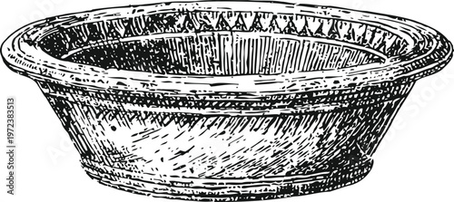 Vintage round metal bowl with decorative rim, hand drawn kitchenware illustration