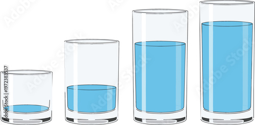 Glass cups with different water levels set, hydration measurement concept, transparent drink containers showing increasing volume, clean vector illustration for health and lifestyle