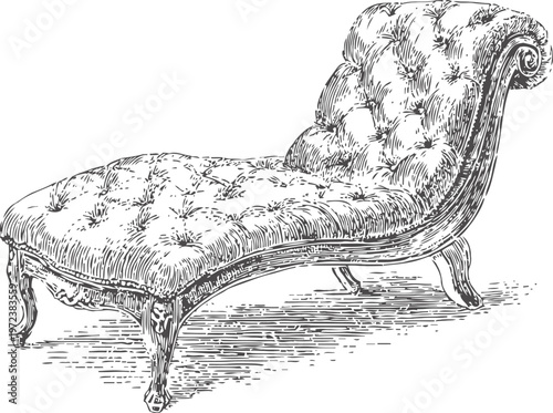 Vintage chaise lounge chair with tufted upholstery and ornate carved wooden frame