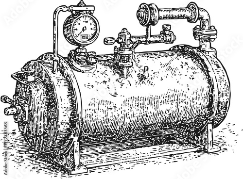 Vintage industrial boiler with pressure gauge and pipework detailed ink drawing