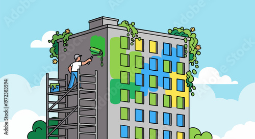 Professional worker paints building facade with fresh colors design.