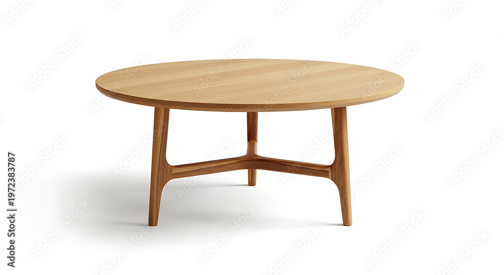 Fototapeta premium Modern wooden round coffee table with four legs isolated on white background