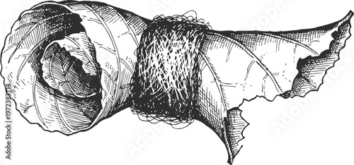 Vintage black and white illustration of a rolled tobacco leaf with string wrapped around