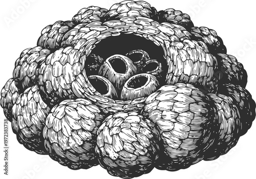 Detailed illustration of a puffball fungus with puff spores inside, black and white botanical drawing