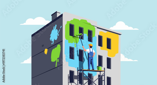 Professional painter working on a colorful building facade vector