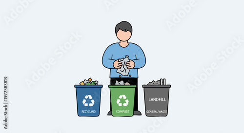 Person sorting waste into different colored recycling bins