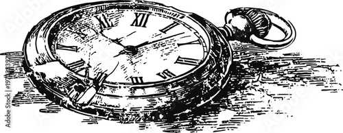 Vintage broken pocket watch with cracked glass and roman numerals in detailed black ink drawing