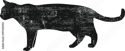 Silhouette of cat walking with textured vintage style, black grunge effect, feline animal shape illustration