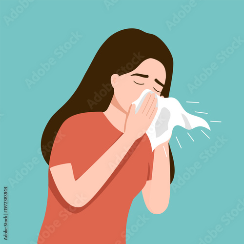 A woman sneezing in handkerchief. Sick young woman suffers from a runny nose. Vector illustration.
