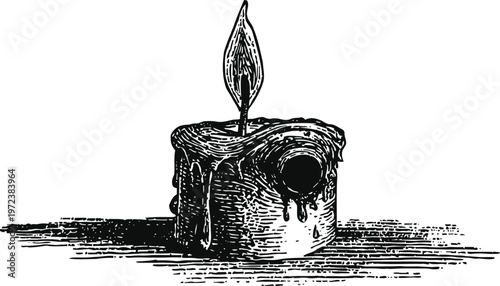 Old fashioned candle with melting wax and flickering flame vintage woodcut illustration