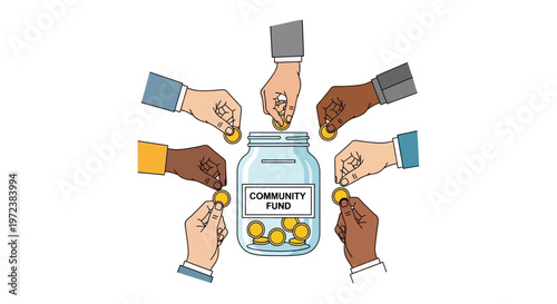 Diverse hands putting coins in jar.