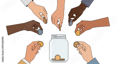 Diverse hands putting coins in jar.