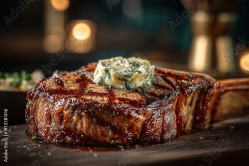 Grilled ribeye steak topped with melting herb butter, close up macro shot with rich texture and juices, dark moody restaurant lighting, premium food concept.