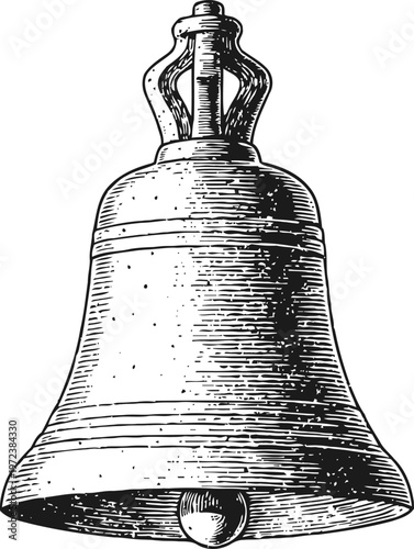Vintage bell illustration old metal church or school bell with clapper detailed engraving antique ringing device sketch