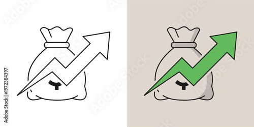 Iconic illustration of a money bag with an upward-pointing arrow, symbolizing financial growth, investment success, and increasing wealth in business and personal finance